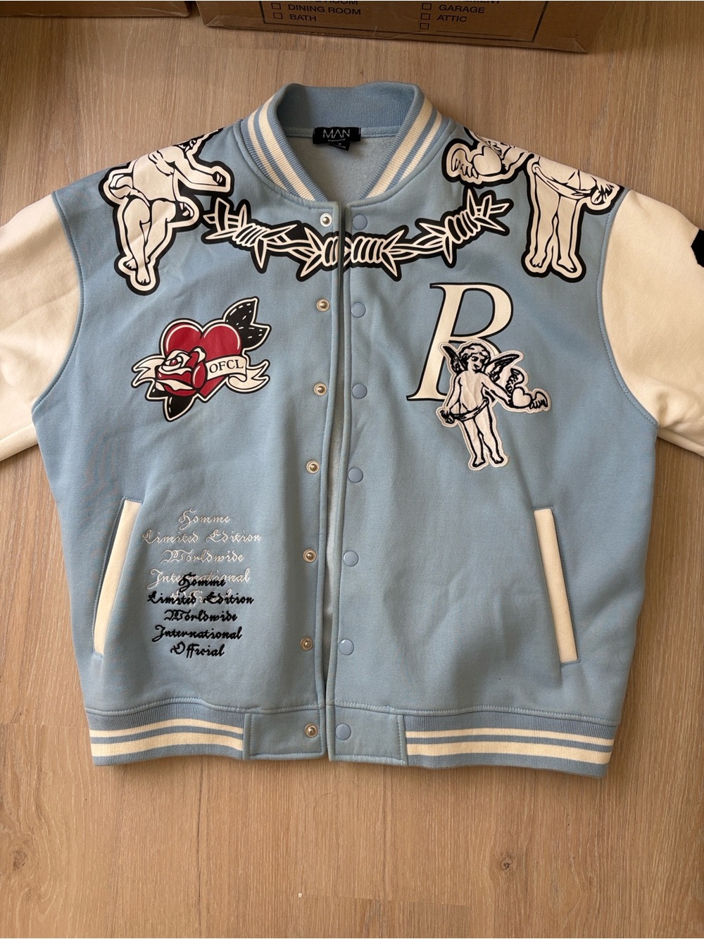 Light Blue & Cream Varsity Jacket with Graphic Patches